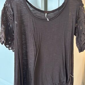 Free People Brown Lace Sleeve Tee